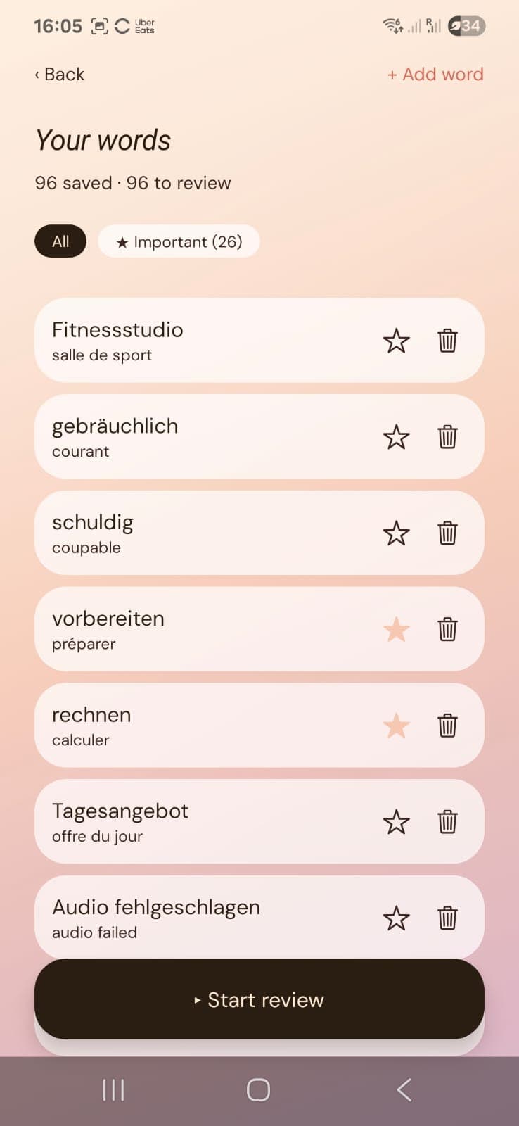 Your saved words list with review counter